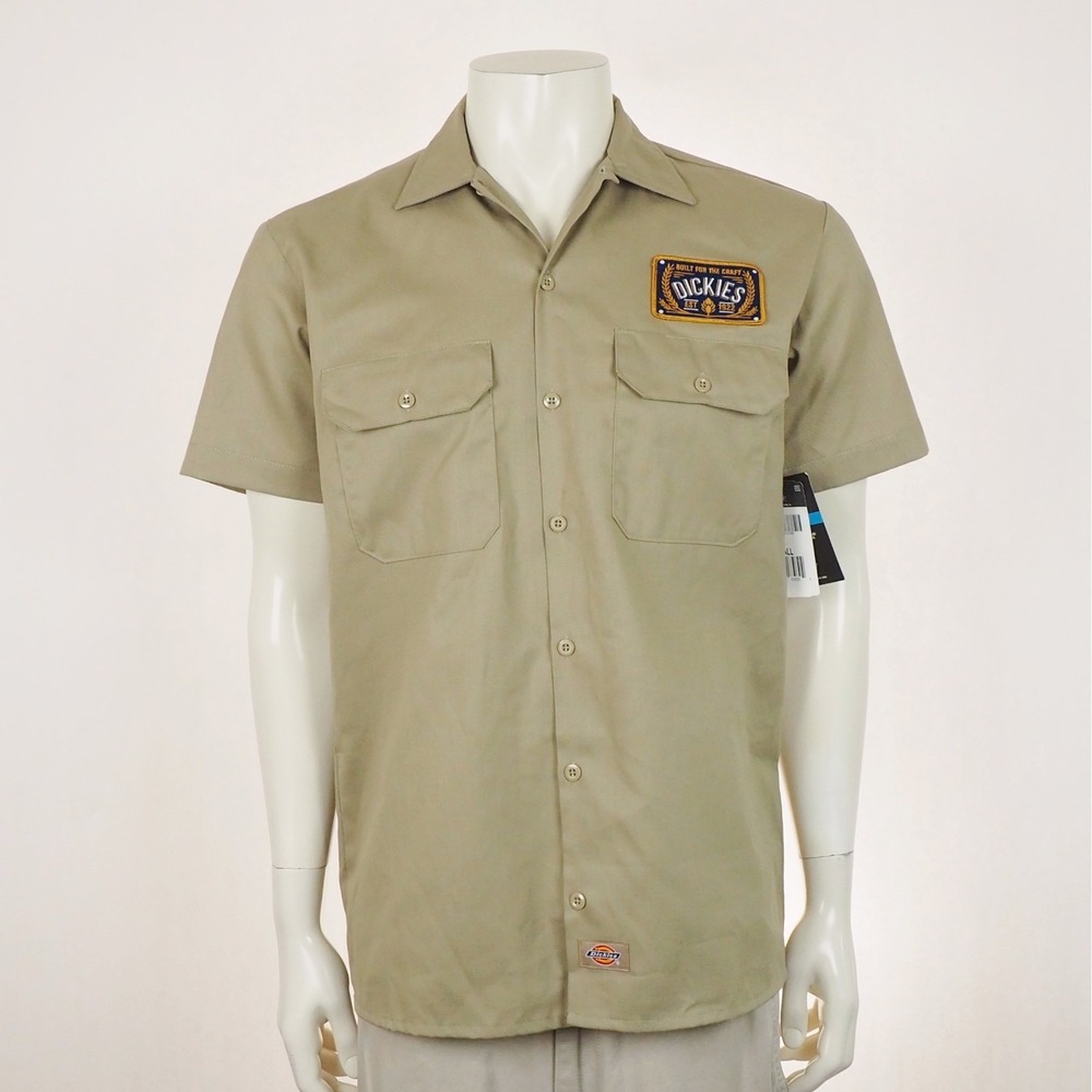 New Dickies Flex Work Button Down Shirt Mens Small Khaki Brown Twill Workwear